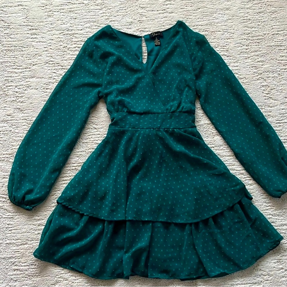 Japna Green Flowy Long Sleeve Mini Dress w Blended Polka Dot size small - Picture 2 of 15